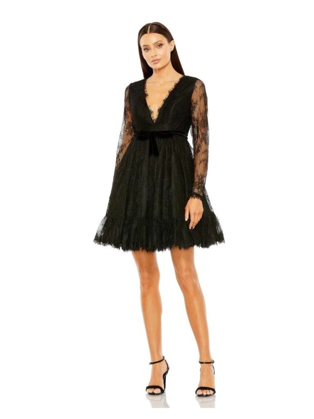 Mac Guggal Women’s Long Sleeve Deep V Black Lace Babydoll Dress Size 8 - Picture 1 of 15